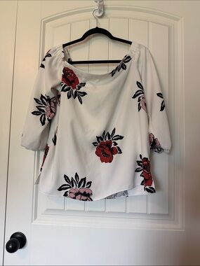 Ann Taylor Factory White Off-Shoulder Blouse with Red & Pink Floral Print